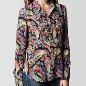 True Religion Womens Angel Wings Printed Silk Shirt Button Up Long Sleeve Sz XS